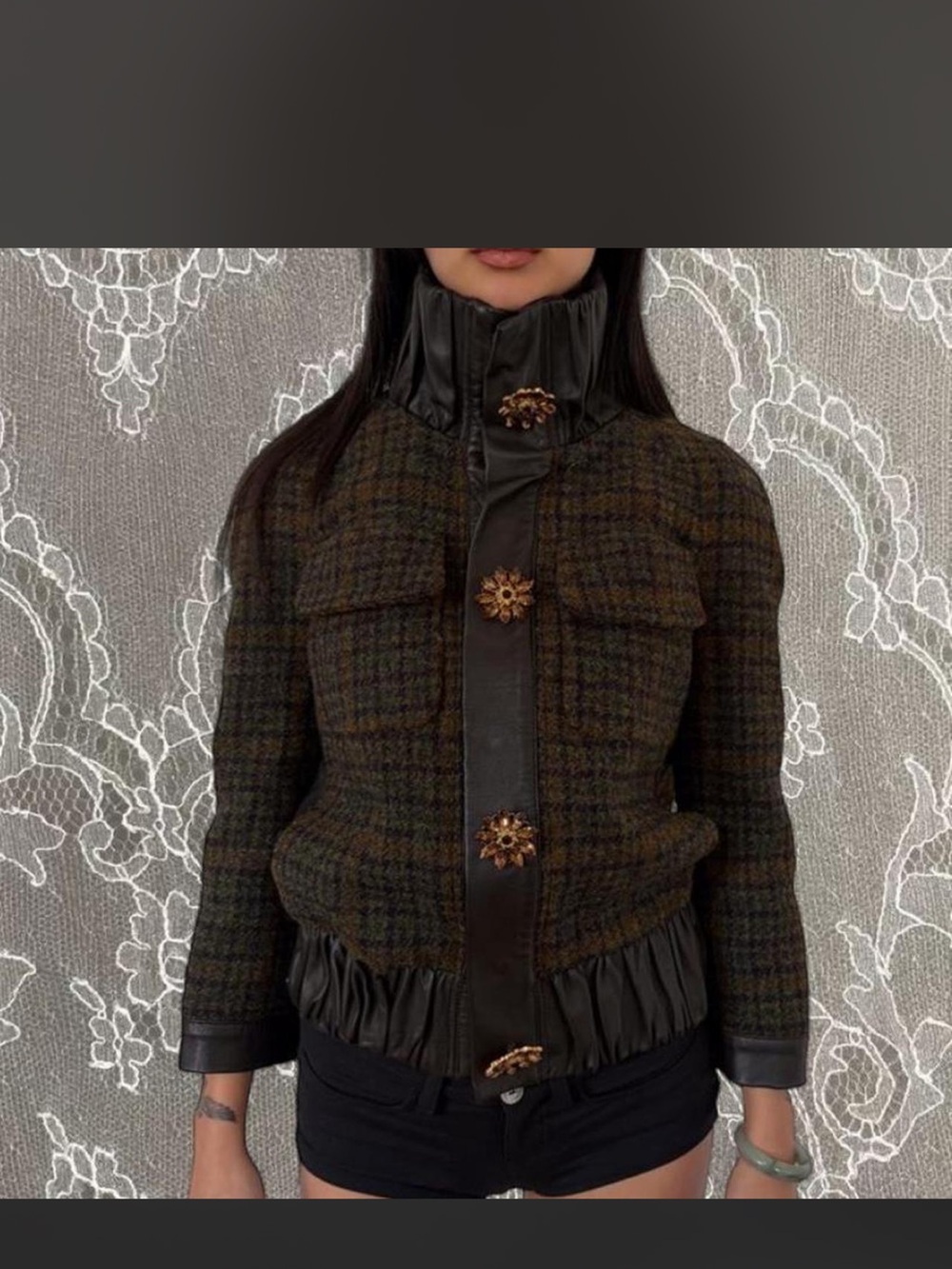 DSQUARED Dark Green Plaid Wool Blend Jacket with Leather Trim & Jewel Buttons